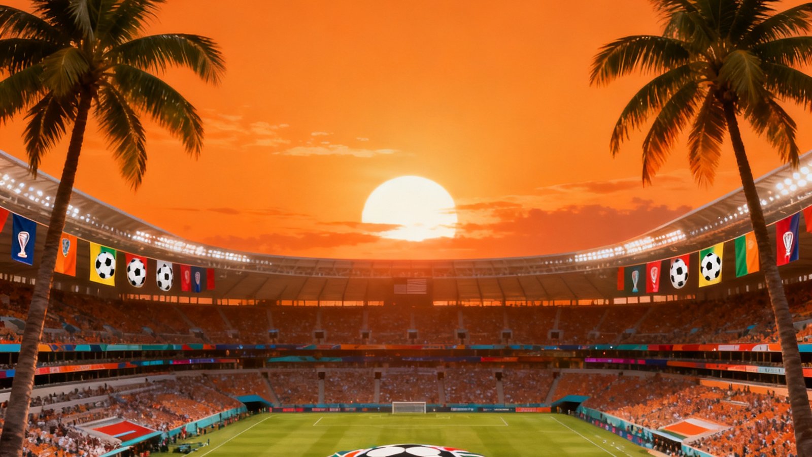 2026年7月4日世界杯半决赛在迈阿密硬石体育场举行的预告图,热带风情与足球元素结合,橙色夕阳下的球场全景